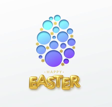 Greeting card with 3D realistic golden lettering Happy Easter and Paper Cut Easter Egg. Vector illustrationのイラスト素材