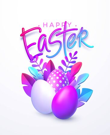 Easter background. Bright stylish 3D foliage in the style of webdesign neomorphism. Template for advertising banner, flyer, flyer, poster, web page. Vector illustrationのイラスト素材