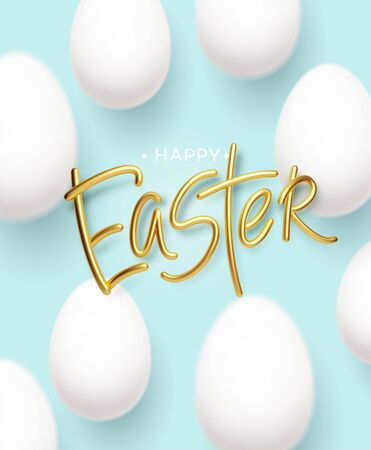 Happy Easter golden inscription on a blue background with realistic white easter eggs. Vector illustrationのイラスト素材