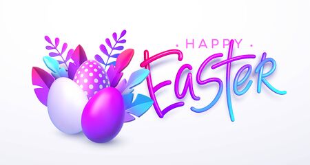 Easter background. Bright stylish 3D foliage in the style of webdesign neomorphism. Template for advertising banner, flyer, flyer, poster, web page. Vector illustrationのイラスト素材