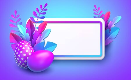 Easter background. Bright stylish 3D foliage in the style of webdesign neomorphism. Template for advertising banner, flyer, flyer, poster, web page. Vector illustrationのイラスト素材
