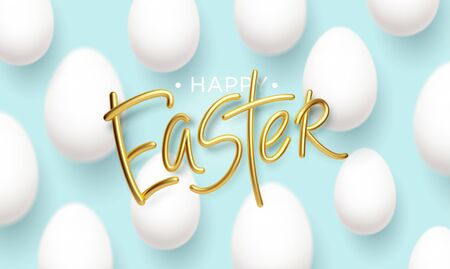 Happy Easter golden inscription on a blue background with realistic white easter eggs. Vector illustrationのイラスト素材