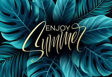 Vector banners with tropical leaves on black background. Exotic botanical design for cosmetics, spa, perfume, beauty salon, travel agency, florist shop. Wedding invitation cardsのイラスト素材