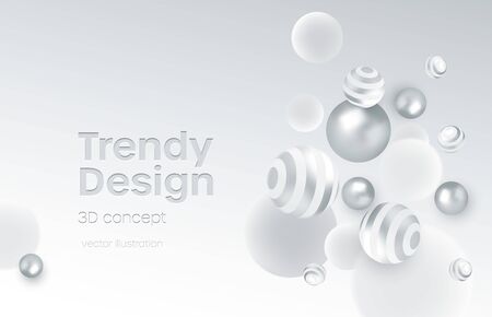 Abstract background with realistic white and silver bubblesdynamic 3d spheres. Modern trendy banner or poster design. Vector illustrationのイラスト素材