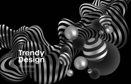 Abstract background with realistic blackand silver bubblesdynamic 3d spheres. Modern trendy banner or poster design. Vector illustrationのイラスト素材