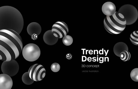 Abstract background with realistic blackand silver bubblesdynamic 3d spheres. Modern trendy banner or poster design. Vector illustrationのイラスト素材