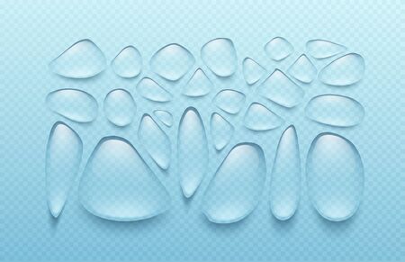 Set of transparent drops of different shapes in gray colors. The real effect of transparency. Vector illustrationのイラスト素材
