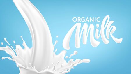 Realistic splashes of milk on a blue background. Organic Milk Handwriting Lettering Calligraphy Lettering. Vector illustrationのイラスト素材