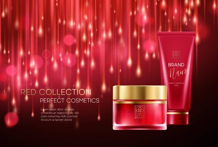 Cosmetics products with luxury collection composition on red blurred bokehのイラスト素材