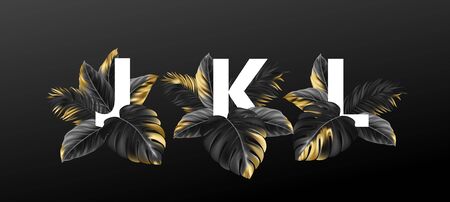 Alphabet letters in black with golden exotic tropical leaves of plantsのイラスト素材