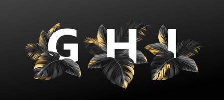 Alphabet letters in black with golden exotic tropical leaves of plants.のイラスト素材