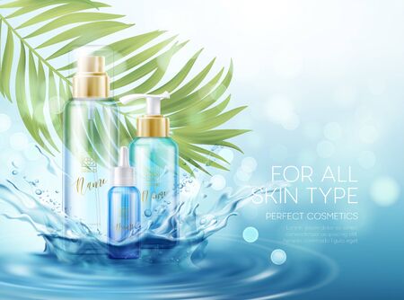 Wet skin care products with splash of water effects and palm tropical leaf on a blue background. Vector illustration EPS10のイラスト素材