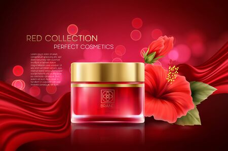 Cosmetics products with luxury collection composition on red blurred bokeh background with hibiscus flower. Vector illustration EPS10のイラスト素材
