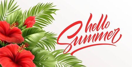 Hello summer handwriting lettering with tropical exotic palm leaves and hibiscus flowers isolated on white background. Vector illustrationのイラスト素材