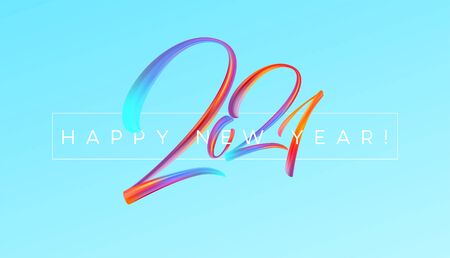 Colorful Brushstroke paint lettering calligraphy of 2021 Happy New Year background. Vector illustrationのイラスト素材