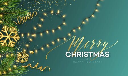 Christmas banner. Realistic Sparkling garland lights with gold snowflakes and golden tinsel on a background with Christmas tree sprigs. Vector illustrationのイラスト素材