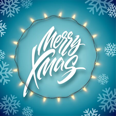 Christmas electric garland of light bulbs and merry christmas lettering on a blue background with snowflakes. Vector illustrationのイラスト素材