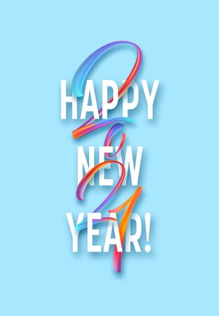 Colorful Brushstroke paint lettering calligraphy of 2021 Happy New Year background. Vector illustrationのイラスト素材