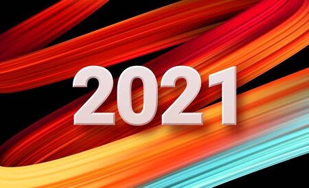 Colorful Brushstroke paint lettering calligraphy of 2021 Happy New Year background. Vector illustrationのイラスト素材