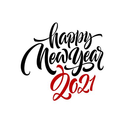 2021 Happy New Year writing calligraphic lettering on a white background. Vector illustrationのイラスト素材