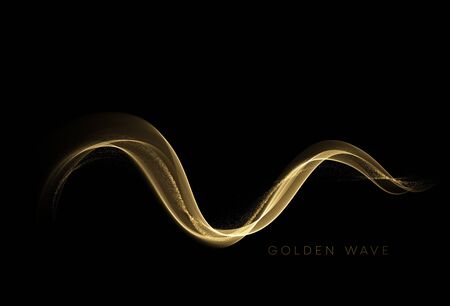Abstract shiny color gold wave design element with glitter effect on dark background. Vector illustrationのイラスト素材