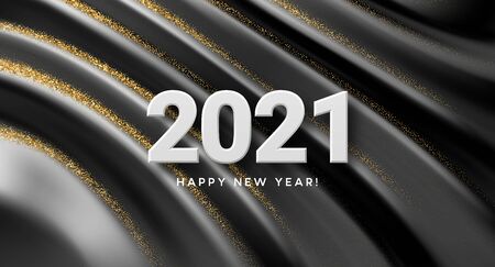 2021 realistic golden 3d inscription on the background of black silk wave. Vector illustrationのイラスト素材