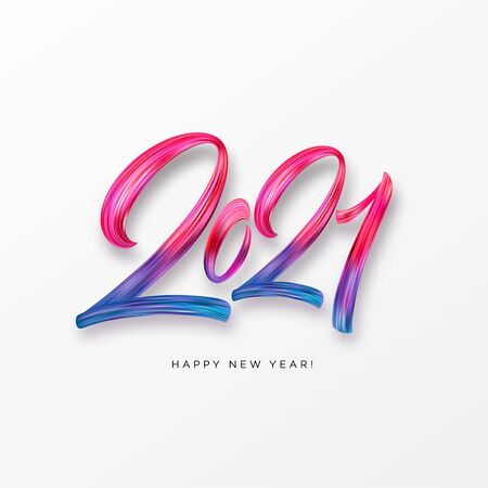Colorful Brushstroke paint lettering calligraphy of 2021 Happy New Year background. Vector illustrationのイラスト素材