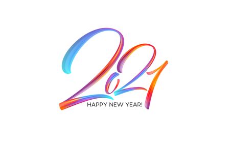 Colorful Brushstroke paint lettering calligraphy of 2021 Happy New Year background. Vector illustrationのイラスト素材