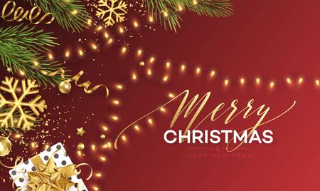 Christmas banner. Realistic Sparkling garland lights with gold snowflakes and golden tinsel on a background with Christmas tree sprigs. Vector illustrationのイラスト素材