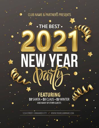 New Year party typography poster with 2021 gold realistic inscription, gift bow, golden tinsel and golden confetti on a black background. Vector illustrationのイラスト素材