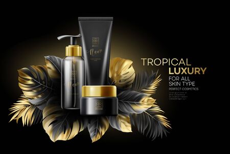 Design cosmetics product Adverting with Black-Golden Tropical Leaves on black background. Vector illustration EPS10のイラスト素材