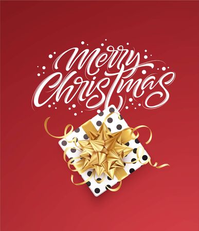 White lettering Merry Christmas on a red background with a gift box and a golden bow. Design template for banner, voucher, poster, flyer. Vector illustrationのイラスト素材