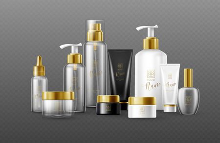 Set of mockup template white, black and glass cosmetic bottles with gold caps isolated on a dark background. Real transparency effect. Vector illustrationのイラスト素材