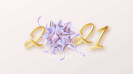 Happy New Year Realistic gold lettering 2021 with gift golden holographic rainbow bow and golden tinsel on a white background. Vector illustration EPS10のイラスト素材