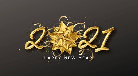 Happy New Year Realistic gold inscription 2021 with gift golden bow and gold tinsel on a black background. Vector illustration EPS10のイラスト素材