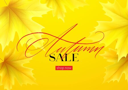 Hello Autumn sale background with realistic yellow autumn leaves. Vector illustrationのイラスト素材