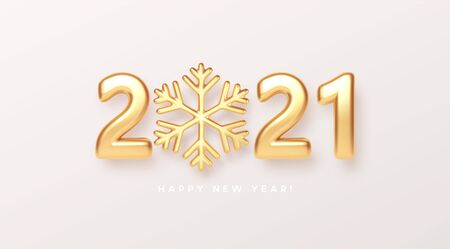 Gold realistic metallic text 2021 with golden snowflake. Vector illustrationのイラスト素材