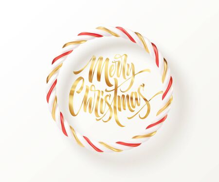 Christmas candy striped red, golden and white round frame with a gold inscription Merry Christmas. Vector illustration EPS10のイラスト素材
