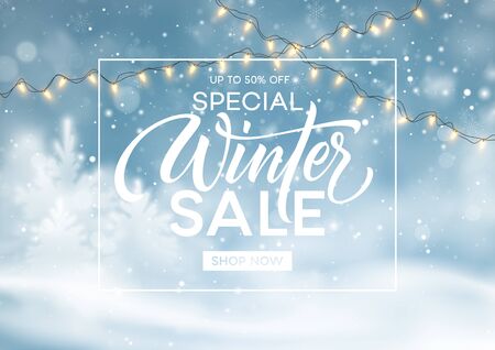 Winter sale background template. Christmas winter snowy landscape. Winter snow dust background. Vector illustrationのイラスト素材