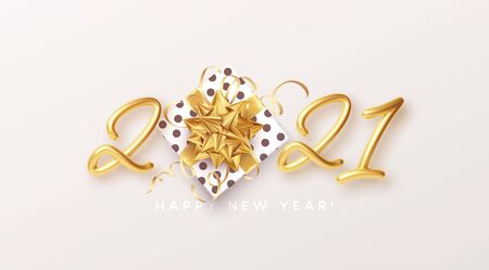 Gold realistic metallic text 2021 with gift box and golden bow. Vector illustrationのイラスト素材