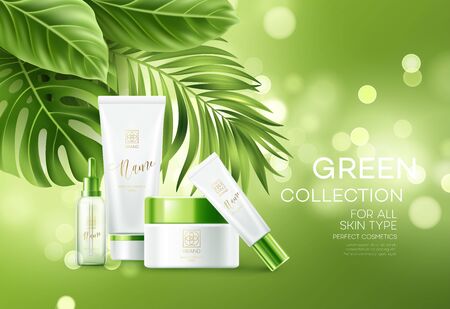 Cosmetics on green bokeh background with tropical palm leaves. Face cosmetics, body care banner, flyer template design. Vector illustrationのイラスト素材
