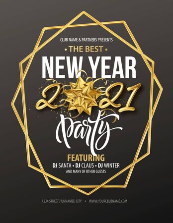 New Year party typography poster with 2021 gold realistic inscription, gift bow, golden frame and golden confetti on a black background. Vector illustrationのイラスト素材