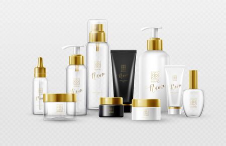 Set of mockup template white, black and glass cosmetic bottles with gold caps isolated on a white background. Real transparency effect. Vector illustrationのイラスト素材