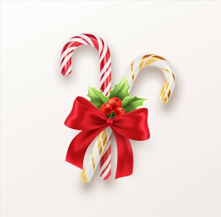 Realistic Xmas candy cane with red bow and a sprig of Christmas holly isolated on white backdrop. Vector illustration EPS10のイラスト素材