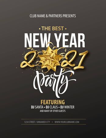 New Year party typography poster with 2021 gold realistic inscription, gift bow, golden tinsel and golden confetti on a black background. Vector illustrationのイラスト素材