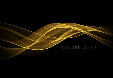 Abstract shiny color gold wave design element with glitter effect on dark background. Vector illustration EPS10のイラスト素材