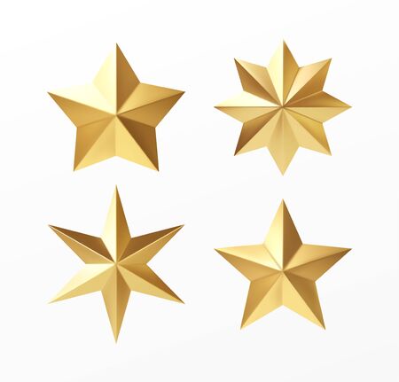 Set of golden realistic stars with different rays isolated on a white background. Vector illustrationのイラスト素材