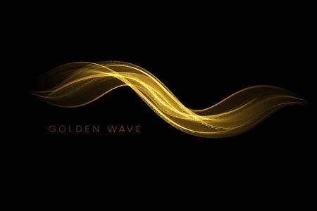 Abstract shiny color gold wave design element with glitter effect on dark background. Vector illustrationのイラスト素材