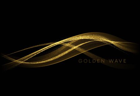 Abstract shiny color gold wave design element with glitter effect on dark background. Vector illustrationのイラスト素材