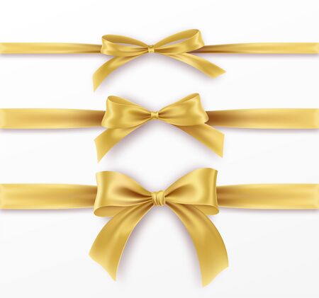 Set Golden Bow and Ribbon on white background. Realistic gold bow for decoration design Holiday frame, border. Vector illustrationのイラスト素材